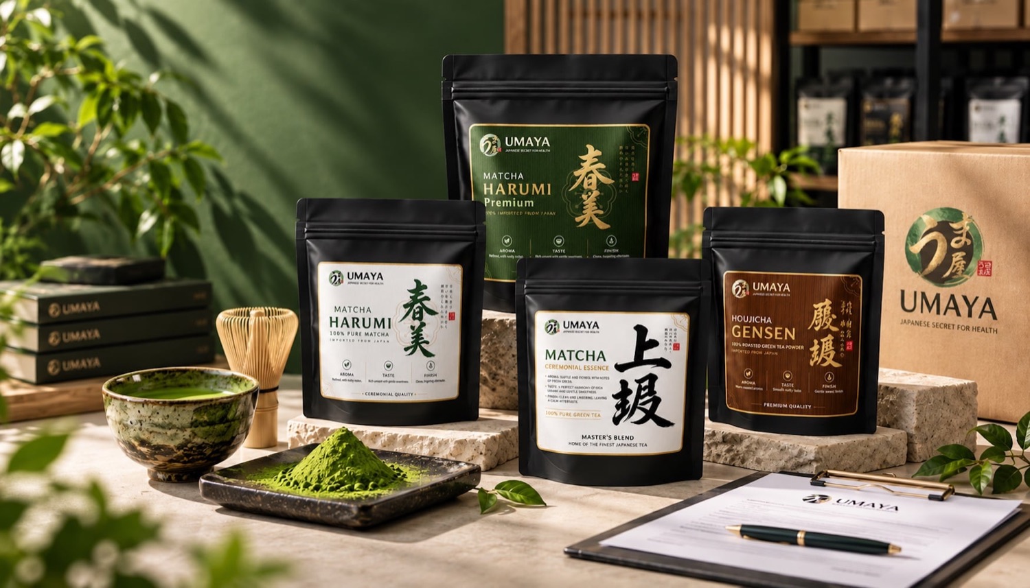 Các dòng matcha UMAYA bên ly matcha latte